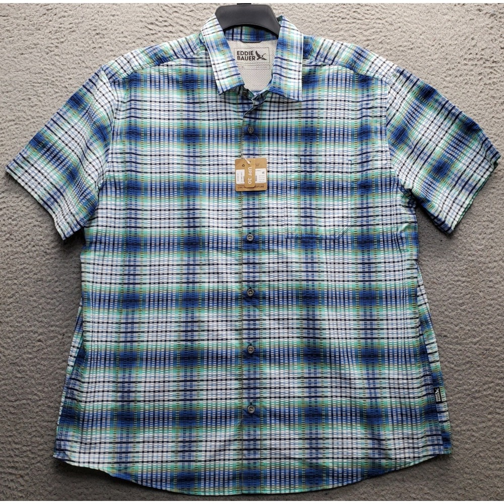 Eddie Bauer Shirt Mens XL Multi Plaid Seersucker Short Sleeve Button-Up UPF 30